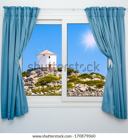 Nature Landscape With A View Through A Window With Curtains