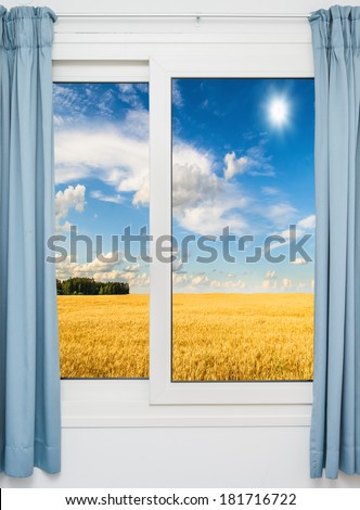 nature landscape with a view through a window with curtains