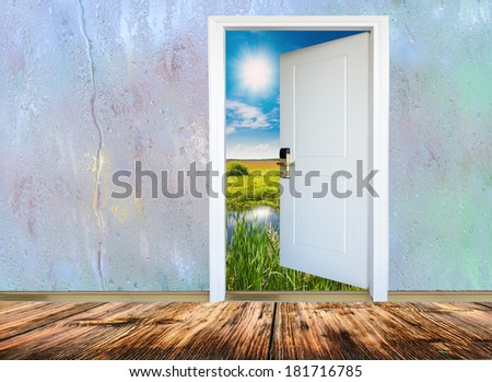 open door with a view of green meadow illuminated by bright sunshine