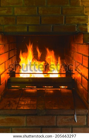 brightly burning flame of fire in the fireplace of brick