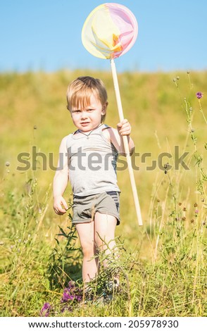 little boy holding a butterfly net for catching butterflies on a meadow