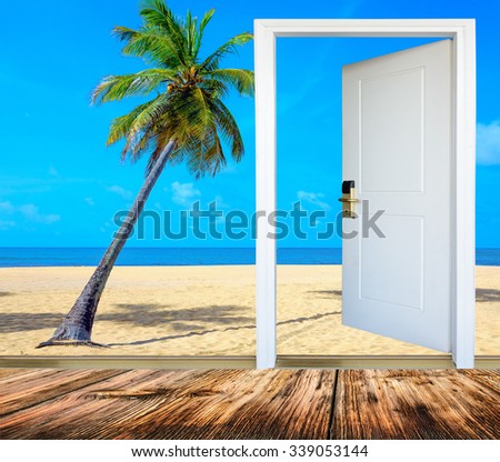 open door with access to the beach view of palms