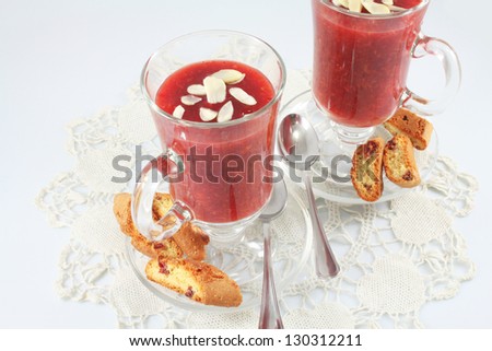 Berry jelly dessert with almond petals and biscuits