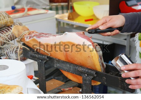 Italian ham prosciutto at the butchery, farm butcher shop