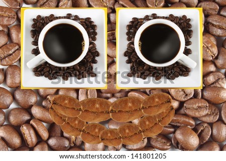 Espresso coffee cup and beans, are in the form of smiling faces