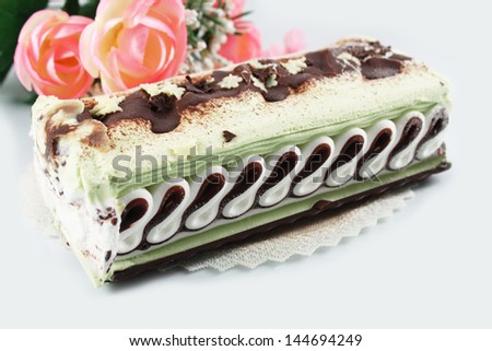 Pistachio ice cream cake with chocolate, ice cream Venice