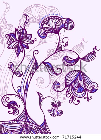 card with beautiful hand drawn flowers in blue and violet,