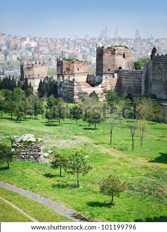 Ancient walls of Constantinople in suburb of Blachernae (Istanbul, Turkey)