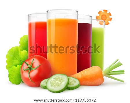 Fresh vegetable juices isolated on white - stock photo