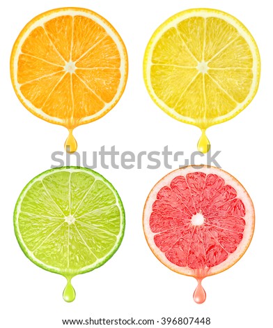 Isolated citrus slices. Cut pieces of orange, lemon, grapefruit and lime fruits with falling drop of juice isolated on white background with clipping path
