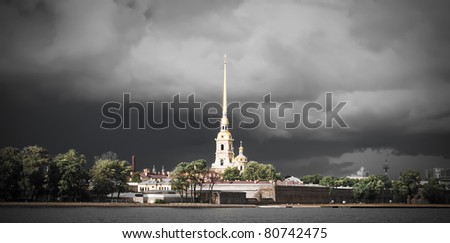 Saint Petersburg, Russia. Peter and Paul Fortress against dramatic clouds after thunderstorm