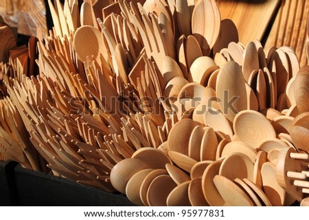 Wooden kitchen tools on sale in an Italian market