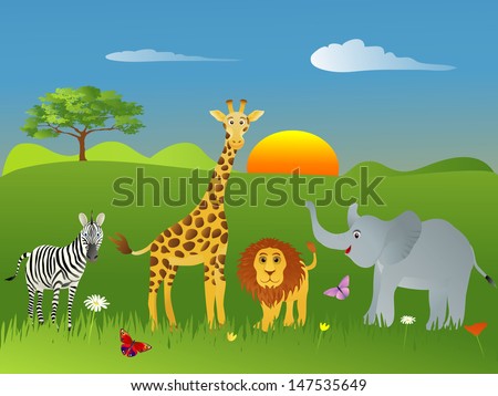 Children\'s illustration of safari animals on the Serengeti