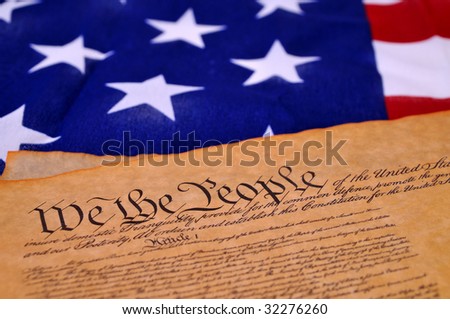 stock photo : Preamble to the US Constitution with the stars and stripes in 