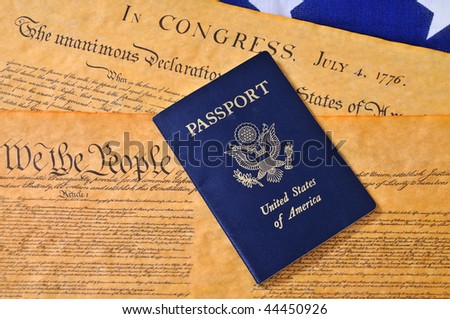 USA passport with Consittution, Declaration of Independence and flag