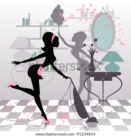stock vector Sexy housewife's silhouette making spring cleaning