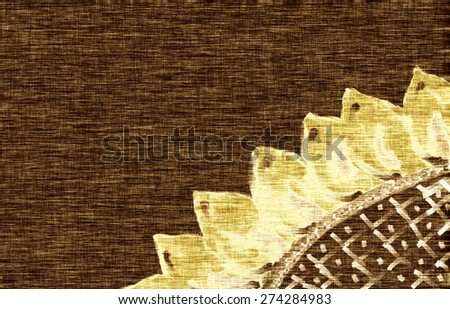 Hand drawn picture of sunflower, spring and summer theme, nature wallpaper, ukrainian painting style. Dark background. Brown textile background, canvas texture
