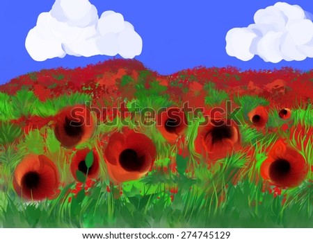 Red poppy field. Night scene. Spring and summer theme.