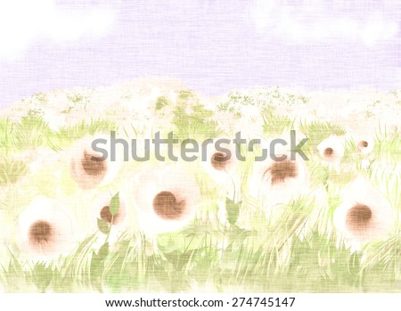 Poppy field. Spring and summer theme. Summer flowers, nature wallpaper. Light textile background, canvas texture.