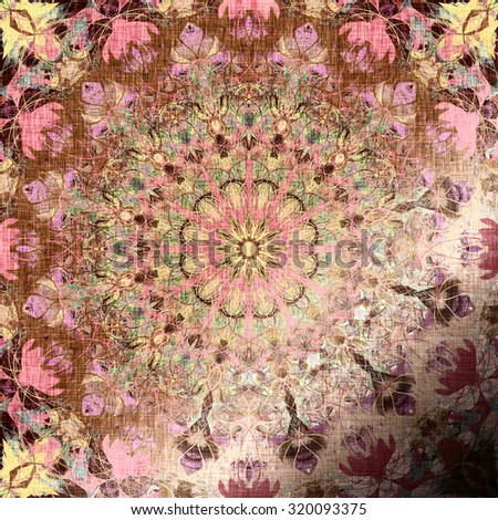 Metallic oriental folk pattern, floral circle with traditional elements. Elegant luxury texture for wallpapers, advertisement, page fill, book covers etc. Boho textile background