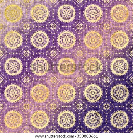 Festive purple and golden metallic oriental pattern, folk traditional elements. Damask texture for textile, wallpapers, advertisement, page fill, book covers etc. Boho-chic fabric background