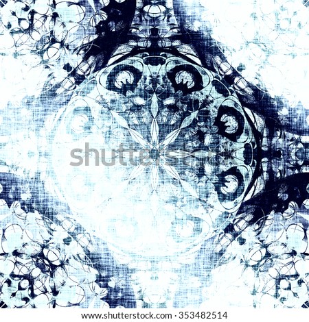 Cold blue indian pattern, floral circle with tribal traditional elements. Luxury Christmas texture, frozen snowflake. Boho textile background, oriental ethnic carpet