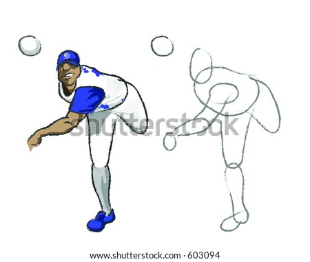 Illustration of a pitching baseball player with the initial sketch \'learn how to draw it\'