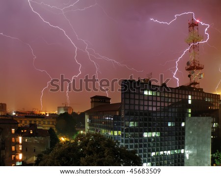 Lightning storm over TV station building in Belgrade, Serbia