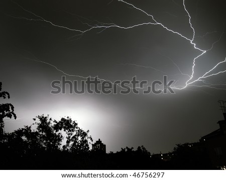 black and white urban thunder storm