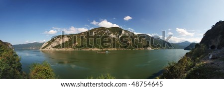 wide 180+ panorama image of Danube\'s Djerdap gorge(iron gate)