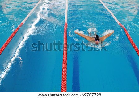 Olympic swimmer during butterfly stroke training in indoor swimming pool.  All the pictures in this series are of Vladan Markovic, Serbian butterfly champion and 4 times olympic swimmer: