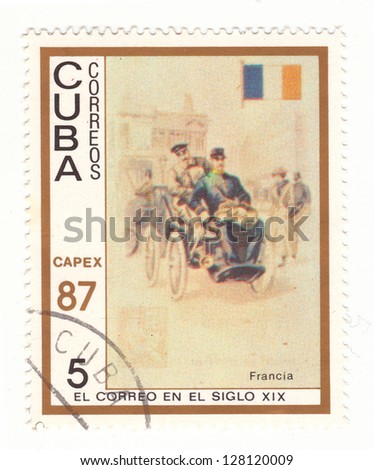CUBA - CIRCA 1987: A stamp printed in Cuba show a stage from a life of post of France, circa 1987