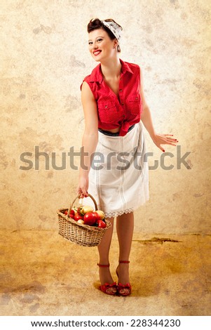 Smiling Pin Up Farmer with Wicker Basket