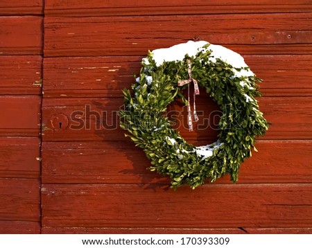 Wreath bound by green sprigs at Christmas.