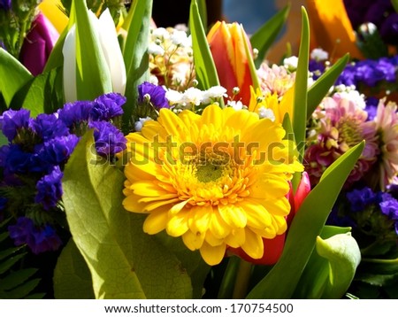 Bouquet of mixed flowers on a flower market in spring.