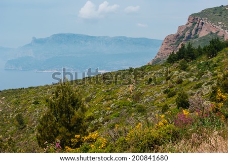 Scenic view from the coastal road along the Mediterranean shore.