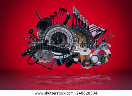 Many new spare parts for a car