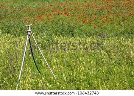 sprinkler in a poppy and other flowers field