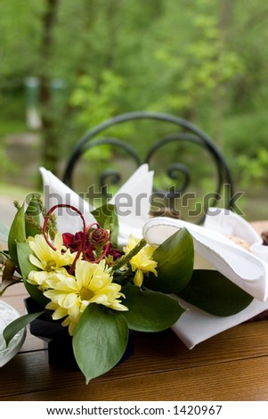 Dinner table in the garden, flowers and napkins on it