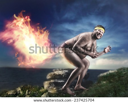 Bizarre naked man farts flame