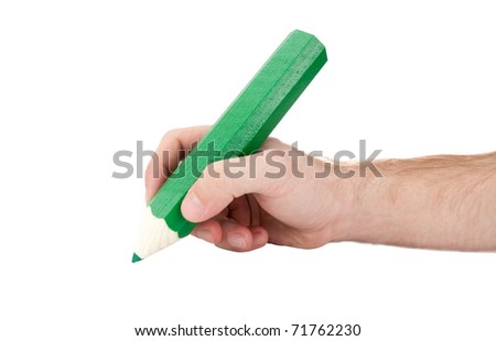 Hand with giant pencil. Isolated on white