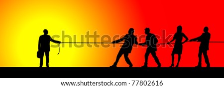 Silhouette of businessman and team pulling the rope