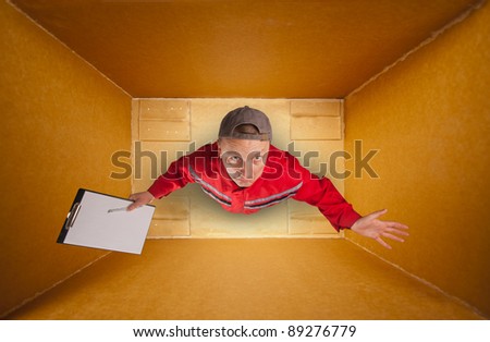 Sad mail courier with clipboard inside empty box