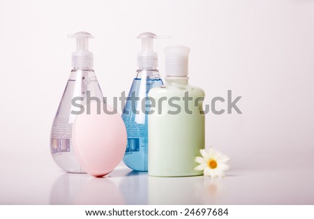 Bottle of lotion, shampoo,  and soap