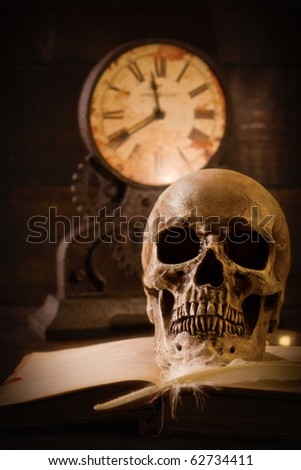 Vintage scary photo with skull and old clock