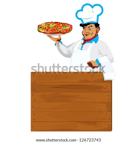 Funny Chef and traditional delicious Italian vegetable pizza with fungi and grilled sausages.Menu cafe