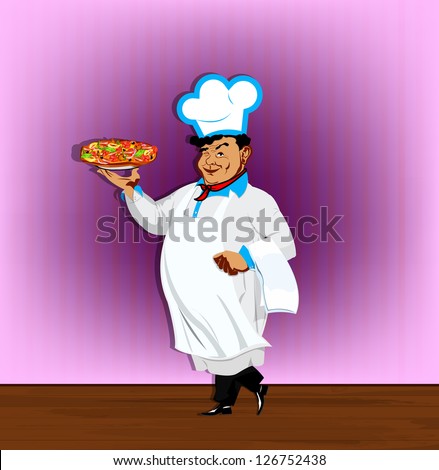 Funny Chef and italian pizza.Best food for gourmet