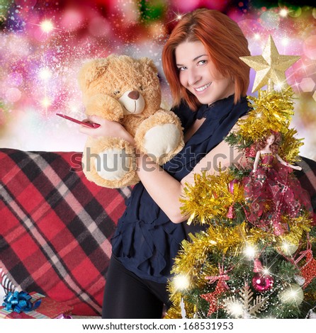 Night New Year.Woman with teddy bear.Christmas