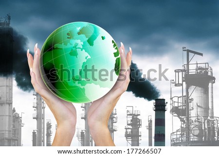 Green Globe Planet Earth in Hands Woman.Ecological Concept