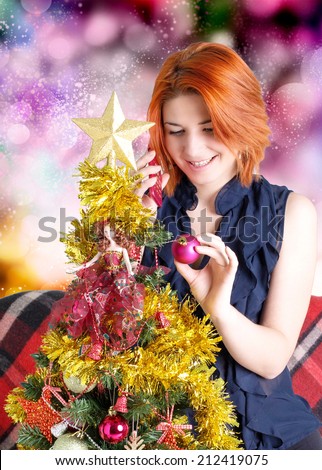 Happy Woman with phone in New Year Night